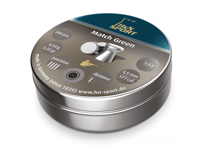 H&N Match Green Pellets, .177 Cal, 5.25 Grains, Wadcutter, LeadFree, 200ct air gun pellets