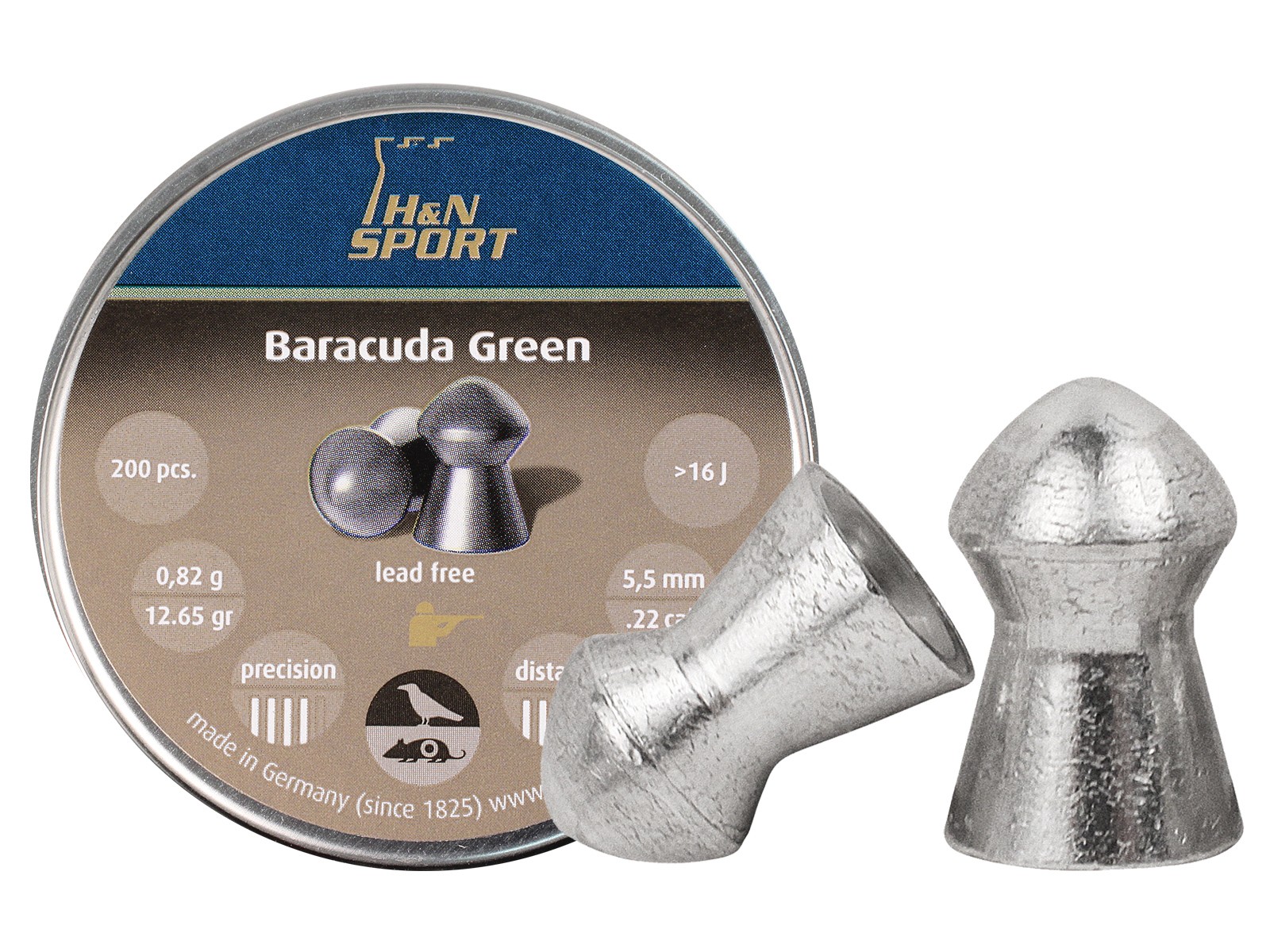 H&N Baracuda Green .22 Cal, 12.35 Grains, Domed, LeadFree, 200ct air gun pellets