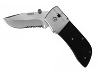 Seber Ratcheting Knife, 3 inch Locking Blade, Drop Point, Half-Serrated Edge