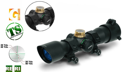 Leapers Golden Image 4x32 Mini Crossbow Scope, Illuminated 5-Step Reticle, 1/4 MOA, 1 inch Tube, Weaver/Picatinny Rings 
