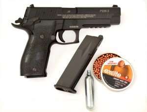 The Sig Sauer P226 X-Five target model using a single 9mm-size magazine that holds 18 BBs and one CO2 capsule. Extra loaded magazines (available from Pyramyd Air) can be used for quick reloading just like a 9mm semi-auto.
