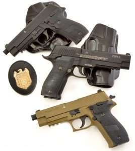 There are three Sig Sauer models, the P226 ASP (top) pellet airgun, P226 X-Five target model (center) and P250 ASP pellet airgun (bottom) Both pellet guns are available in black or two-tone FDE.