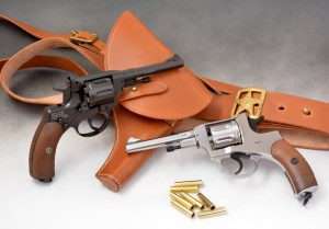 Gletcher offers two versions of the legendary Model 1895 Nagant revolver. The original .177 caliber BB version (left) available in matte black or nickel, and the new pellet model (right) with rifled barrel. (Copy of Russian Nagant holster and belt courtesy World War Supply) 