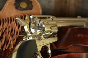 The new Umarex Colt licensed Peacemaker has a 5-1/2 inch rifled barrel and loads six silver pellet cartridges. Just like in the Old West, you have your six and then you reload. An extra dozen pellet cartridges are a good idea, they cost $10 for six reusable rounds.