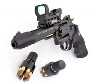 The airgun has the exact weight (35 oz), the look, and handling of the actual S&W Performance Center TRR8.