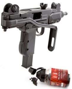 The folding stock tucks under the fore grip for one-handed pistol operation.
