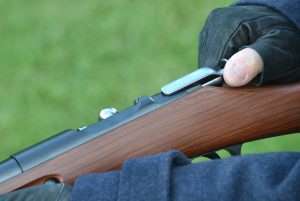 In the safe condition the red dot and F are covered by the bolt housing.