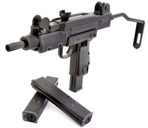 With the stock extended the overall length of the Mini Uzi air pistol is 23.5 inches. With the full auto version (shown) extra magazines are recommended. They sell for $40.