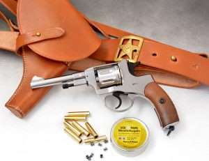 6. The new pellet Model 1895 Nagant revolver is not only a sharp looking gun in nickel, but with its rifled barrel very accurate out to 10 meters.