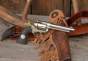 For Old West shooting fun at just pennies compared to live ammo, it’s hard to beat the new Umarex pellet-firing, rifled barrel Peacemaker. Hard to tell at a glance, this Colt Single Action airgun with 5-1/2 inch barrel, loads six pellet cartridges, and handles just like a real Colt. (Holster by .45Maker)