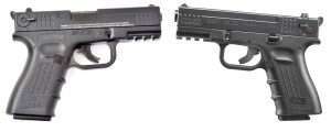 Mirror images, the ISSC M22 Gen2 .22LR semi-auto (right) and ISSC M22 .177 semi-auto (left) offer two ways to train for handling Glock subcompacts only with more affordable ammunition (and more affordable guns!)