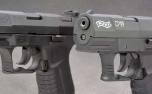 Triggerguard designs on the original style P99 (left) and CP99 are nearly identical as are the ambidextrous magazine releases at the rear of the triggerguard. The airgun’s trigger has a more contoured shoe, but closely duplicates the 9mm model’s trigger pull.