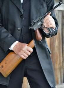 The author's original Broomhandle shoulder stock also easily attaches to the Umarex grip frame. That's how authentic it is!