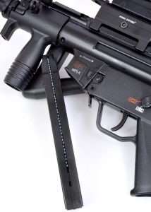 The 9x19mm sized magazine holds 40 steel BBs and is easy to load.