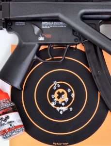At 10 meters, the best 10 shots fired offhand hit inside the 10 ring and X measuring 1.75 inches. All 20 shots on this target hit within 2.5 inches.