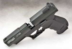 The CP99 uses an 8-shot cast alloy rotary magazine inserted at the breech when the action is opened by depressing the slide release. 