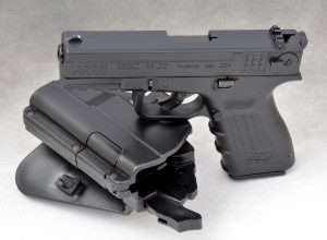 Once again making an excellent training gun, the ISSC M22 airgun fits Glock holsters like this Level II Galco Matrix for the Glock 19.
