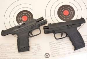The PPS 9mm had a best five rounds measuring 1.20 inches (with three overlapping) while the .177 caliber air pistol clustered five steel BBs at 1.22 inches.