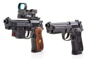 The top guns in Beretta’s air pistol line are the 92FS pellet gun (left, shown with full optics and laser accessories), and the brand new Model 92A1 blowback action BB pistol.