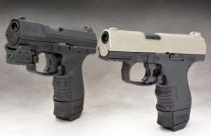 The Umarex Walther CP99 models are blowback action versions of the 9mm and .40 S&W Walther P99 Compact and come in all black or bi-tone finishes. Authentic in all the essential details, the .177 caliber air pistols have a dustcover accessory rail suitable for compact lights and lasers. (Shown with a LaserMax Spartan green laser)