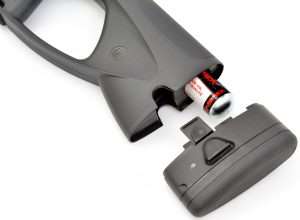 The design of the CX4 stock allows the butt plate to be removed allowing the 88-gram CO2 cartridge to insert horizontally into the stock.