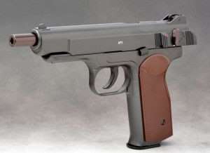 The Stechkin Automatic Pistol (APS) was a blowback action design and the Gletcher airgun is of similar design with a blowback action and slide that locks back after the magazine is empty.