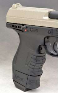 The air pistol differs from the 9mm and .40 S&W CP99 Compacts in several ways but the most notable is the addition of a manual safety on the right side of the frame. Shown in the FIRE position, to set the safety and simultaneously de-cock the action, you push the lever down.