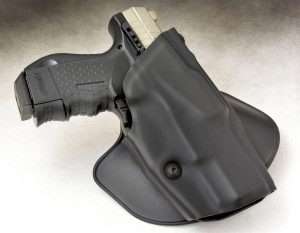 The CP99 Compact is so accurate in size that it fits in the same holster as a 9mm or .40 S&W P99. This holster used for the evaluation was a Safariland ALS paddle holster. The hex head screw on the front of the holster is used to adjust pistol retention.
