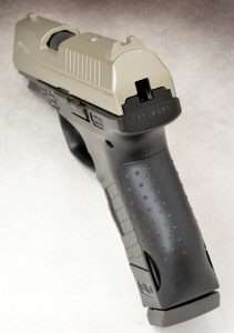 If the CP99 Compact has been de-cocked by setting the safety or the slide has not been racked to cock the action, the loaded chamber indicator is black. This is a very good training aid to learn the gun’s condition. This training relates to many cartridge-firing semi-autos that utilize some form of loaded chamber or striker status indicator.