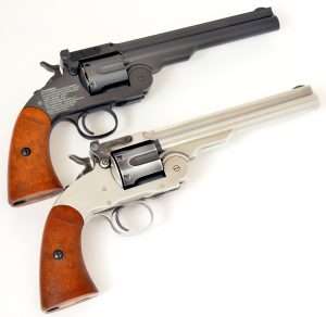 The standard finish Schofield airgun has a slightly reflective charcoal gray finish that is far more modern than the gun’s 1870’s design. Bear River also offers a nickel version, but the gun pictured above is not nickel, but a polished out standard model with a few features that are more akin to the original design of the civilian model Schofields.