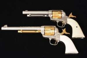 The exacting dimensions of the Umarex Colt Peacemaker, compared to a .45 Colt SAA, allow engraving designs to be as accurate as possible. The Umarex Colts are all metal construction using aluminum alloys and a steel .177 caliber barrel liner, whereas cartridge-firing Colts Single Actions are all steel throughout, which is why the airguns are a little lighter in overall weight. 