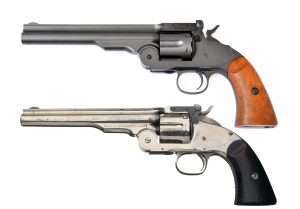 For accuracy in details, operation, and general handling the 1.77 caliber Bear River Schofield (top) is an incredibly close match to a real .45 S&W caliber Schofield revolver (bottom). 