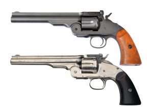 For accuracy in details, operation, and general handling the 1.77 caliber Bear River Schofield (top) is an incredibly close match to a real .45 S&W caliber Schofield revolver (bottom).