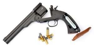 Using the same manufacturing concept as the .177 caliber Colt Peacemakers, the Schofield load the CO2 into the grip frame by removing the left grip panel, which also has a built-in hex head wrench for tightening the seating screw built into the bottom of the grip strap. The cartridges for the airgun are approximately the size of a .38/.357 Magnum round and load the BB into the front of the bullet which is integral with the brass cartridge case.