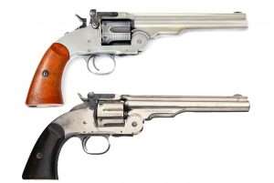 The author’s custom antiqued Bear River Schofield (top) with an original nickel plated S&W Schofield model. The differences are far fewer than the similarities. The hammer on the airgun rests further back from the frame while the trigger sits slightly forward, and of course, there is the manual safety lever just behind the base of the hammer. At a glance though, even a long glance, it’s hard to tell the .177 caliber pistol from the .45 S&W model. 