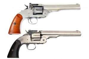 The proof of a good job in creating an artificially antiqued western gun is to compare your work with an original gun. The c.1877 Civilian model Schofield at bottom was the pattern for the faux color cased and blued finishes on the airgun’s barrel lock, stud latch, hammer, trigger and the ejector lever beneath the frame. It is a lot of work, but the end product is something that only you and you alone can have.