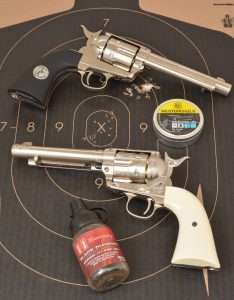 The BB model delivered 18 shots inside 1.74 inches all inside the 10 and X rings with a best a best six rounds at 21 feet measuring 0.77 inches. The pellet SAA put 11 shots inside one ragged hole measuring 0.74 inches.