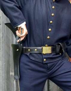 Still using the same tactics as the Civil War era Cavalry, soldiers wore their guns on the right hip, holstered butt forward, and thus requiring a reverse draw. This was slower (unless you were Wild Bill Hickok), than a conventional strong side holster.