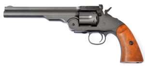 Standard Schofield model is matte charcoal black with the look and feel of old time (but not that old) Parkerizing, used on military weapons.