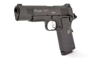 With the exception of the slide contour and forward serrations, the .177 caliber Sig Sauer 1911 Tactical is a dead ringer for the .45 ACP Sig Sauer TacOps and Sig Sauer 1911 XO models.