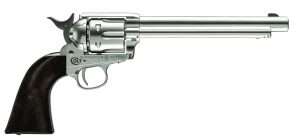 The new Umarex Colt Peacemaker has a 7-1/2 inch barrel making it an authentic copy of the original Single Action Army models. The frame design, however, if from the late “Smokeless Powder Version” with the transverse cylinder latch c. 1892. The gun comes with wood grained plastic grips, but white grips are also available.