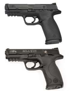 The S&W M&P40 with ambidextrous thumb safeties (top) and the airgun version below are virtually identical with the exception of the white highlighted M&P40 and S&W logos on the Umarex model.