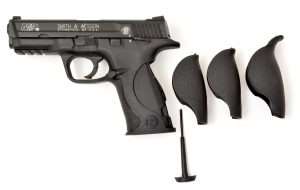 Also based on the cartridge models, the Umarex M&P40 has the same takedown tool, that locks inside the grip frame, to allow removing and changing the palmswell backstrap panels. The airgun comes with three different sizes. On the cartridge models, the takedown tool is also necessary to release an internal lever that allows the slide to be pulled off the front of the frame for field stripping. This is not necessary on the airgun for removing the slide form the frame.