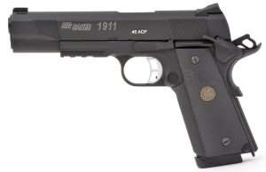 The .177 caliber pistol has nearly exact exterior dimensions, comes in at 10 ounces lighter than the Sig 1911 TacOps, at 33 ounces (empty).