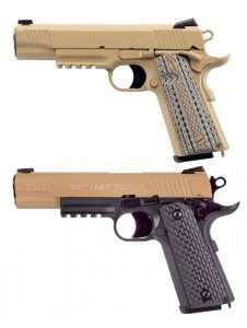 The black and desert sand airgun looks very close to the 2012 Colt Model M45A1 CQBP carried by U.S. Marine spec ops units. The M45A1 uses G10 grips. The Umarex version is 0.25 inches greater in OAL.