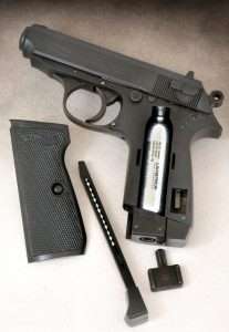 The Umarex uses a 15-round stick magazine with a full size PPK/S floorplate finger extension to give the airgun a proper profile when loaded. The new recessed seating screw in the base of the CPO2 channel and hex head tool have done away with the old exposed seating screw to give the air pistol proper exterior lines.