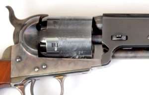 Close-up shows the forcing cone at the back of the Colt 1851 Navy barrel.