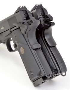The raised palmswell safety on the Sig ensures a solid safety release when grasping the gun. This is a preferred design for custom 1911s as is the upswept beavertail.
