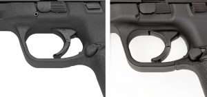Trigger design, disassembly lever, slide release and magazine release are nearly identical on the S&W M&P40 (left) and Umarex M&P40 models. Everything works exactly the same, which makes this an excellent training gun for the cartridge models.