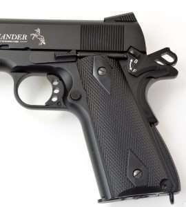 The Umarex Colt Commander uses a single, standard-sized thumb safety with the addition of the white letter S and F indicators and arrow not used on the cartridge-firing .45 ACP Colt models.